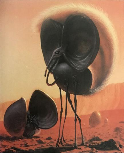 MARTIAN DAWN - Long-legged, a Martian Waterseeker walks across the iron-tinged soil. It has a thin winding neck like a flamingo but its skin is black. Long arms dangle down nearly touching the ground. From its head, two wide shells project like radar dishes. When closed, they form a protective egg around the whole of Waterseeker. A tail sweeps up and over its head, wide plumage that perhaps serves to block the sun.