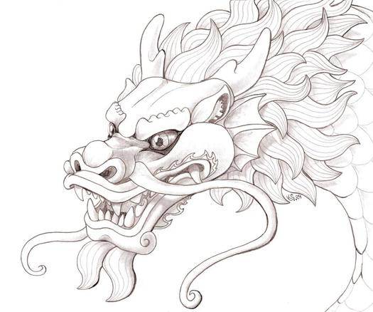 A pencil drawing showing the head of a Chinese Dragon, the mouth is slightly opened, it has antlers and a big mane.