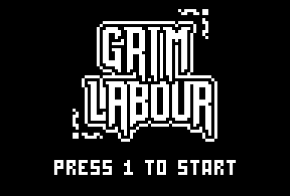 Black and white pixel art showing the logo for a fictional nokia 3410 game. The game is named GRIM LABOUR. Under the logo is written "Press 1 to start".