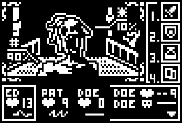 Black and white pixel art showing the logo for a fictional nokia 3410 game. The screen shows a battle against a ghoul of sorts. The ghoul faces the camera, the targeting on the screen shows that there are 90% chance to hit the ghoul's body, 10% chance to hit its head. In the bottom of the screen one can read the status for 3 playable characters: Ed, Pat and Doe. Doe has seen better days and is currently out of commission. On the right one can read the options for the player, numbered 1 to 4, which are, in this order, attack, defend, item and pull a card.