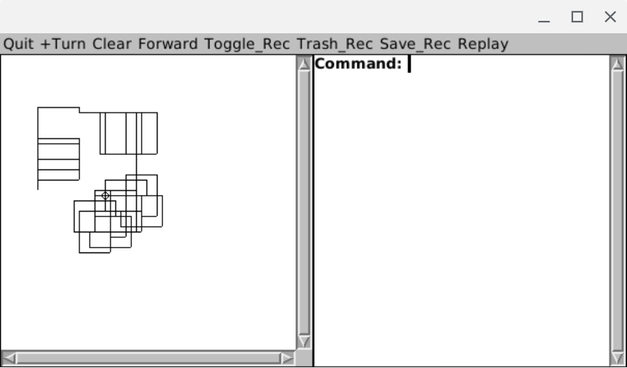 A mcclim (lisp clim) application window.
On the left, there is a very scribbly and geometric pattern (the 'app' pane). On the right there is an interactor, awaiting a 'Command: '. Across the top menu bar, there is
Quit +Turn Clear Forward Toggle_Rec Trash_Rec Save_Rec Replay

There are scrollbars on the application pane in both directions, but only up and down on the command interactor pane.