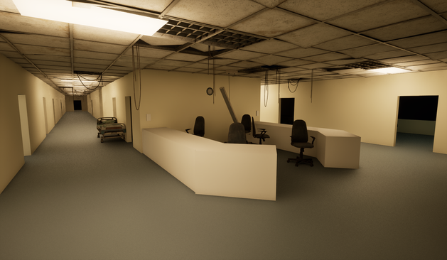 A screenshot of my game with placeholder assets and lighting. This scene is of a nurse station in a hospital and a long corridor of patient rooms and supply rooms. The ceiling is falling apart and there are wires hanging from it.