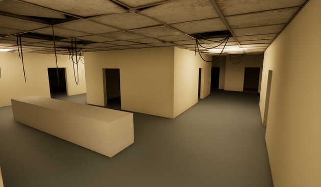 A screenshot of my game with placeholder assets and lighting. This scene is of a different nurse station in a hospital. The ceiling is falling apart and there are wires hanging from it. There is a central core group of rooms, surrounded by doors to patient rooms, offices, elevators, and a stairwell.