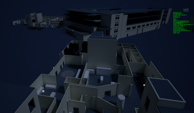 A screenshot of my game's world which is very much incomplete. Missing floors, walls, and roofs reveal a labyrinth of corridors and rooms. The bright green text in the corner of the screenshot isn't important; it is just some technical rendering stats.