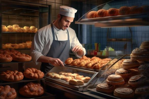 Image of a baker surrounded by bread that is exaggeratedly AI-generated