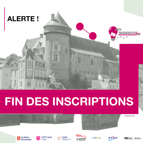 Illustration du post, avec :

Le texte : Alerte ! La fin des inscriptions pour les RJC-EIAH 2024 approche !

Le logo de la conférence avec un bandeau rose et le château de Laval en vert pastel.

Les logos des partenaires de la conférence : Le Mans Université, IUT de Laval, LIUM, Département de la Mayenne, CREN, ATIEF et INSPE Laval.
