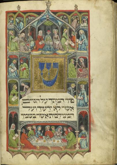 Mittelalterliche Handschrift mit Darstellung lesender Personen: Darmstädter Haggadah (Cod. Or. 8), fol. 37v., 15. Jahrhundert, Universitäts- und Landesbibliothek Darmstadt.