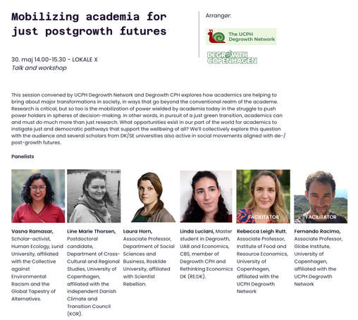 Announcement poster for the session on "Mobilizing academia for just postgrowth futures", taking place May 30th at 14:00