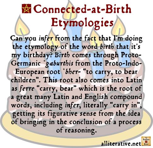Can you infer from the fact that I'm doing the etymology of the word birth that it's my birthday? Birth comes through Proto-Germanic *gaburthis from the Proto-Indo-European root *bher- “to carry, to bear children”. This root also comes into Latin as ferre “carry, bear” which is the root of a great many Latin and English compound words, including infer, literally “carry in”, getting its figurative sense from the idea of bringing in the conclusion of a process of reasoning.