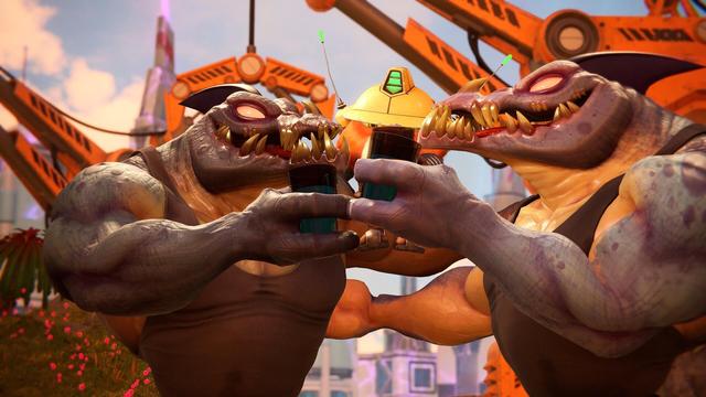 two antroproformized grey crocodiles wearing black tank tops with bright red and white ish eyes anda  big smile while they cheer cups with some form of blue concoction as friends do in bars.