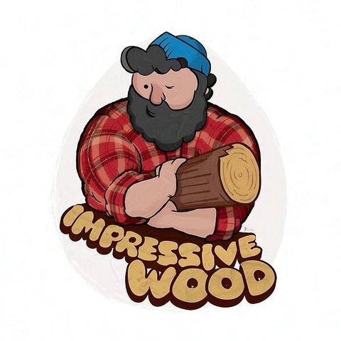Cartoon illustration of a winking, beefy, bearded lumberjack in red plaid and blue beanie. he cradles a cut log in the manner of the Log Lady character on the popular television show Twin Peaks. beneath the burly gent are the wood-carved words 'impressive wood'