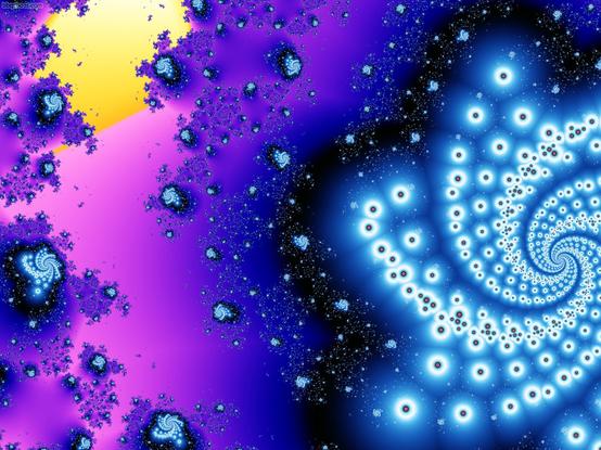 Fractal Spirals of glowing blue-white balls on a hazy purple yellow black background