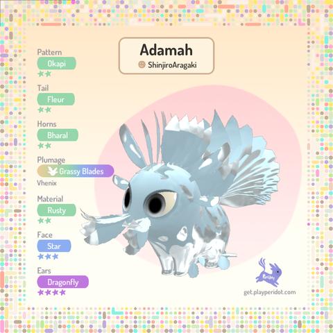 A white and pastel blue baby dot named Adamah with the plumage chaos trait Grassy Blades, discovered by Vhenix.