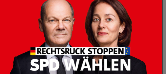 Das Bild zeigt ein Wahlplakat der SPD zur kommenden Europawahl mit dem Bundeskanzler Olaf Scholz und der Spizenkandidatin Katarina Barley.

Die Textzeilen lauten: "RECHTSRUCK STOPPEN" und "SPD WÄHLEN"
