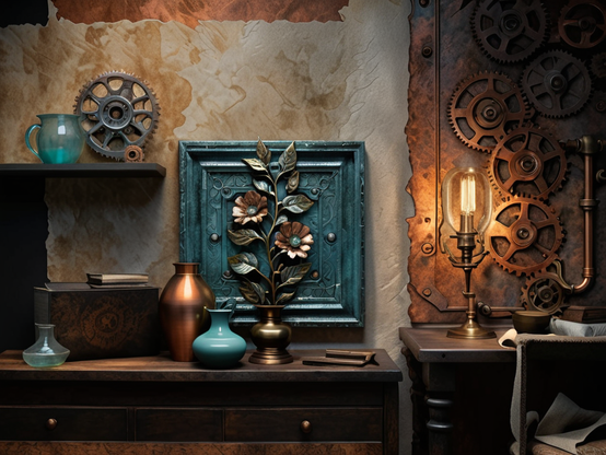 Steampunk-inspired still life with floral designs, industrial gears, and a rustic, copper-toned aesthetic, lit by a brass desk lamp with a vintage bulb.