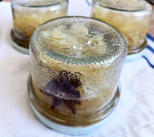 drei auf dem Kopf stehende, verschlossene Marmeladegläser, gefüllt mit Marmelade. in jedem Glas ist eine Sternanis.
