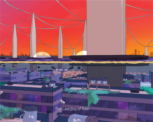 An underground city covered by a roof made of solar panels. On top, we see the columns that hold the city together against a bright orange sky.