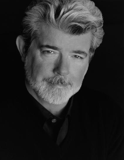 A black and white photo of George Lucas