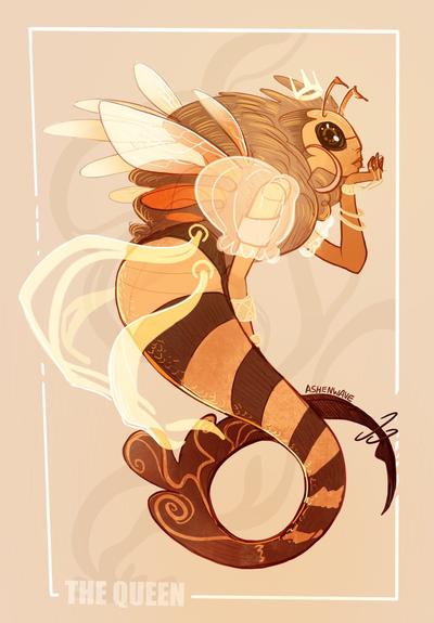 Illustration of a mermaid/queen bee. Her body is yellow and dark brown, with antennae on her forehead and wings that come out from her shoulders. She’s wearing a little glowing magical crown.