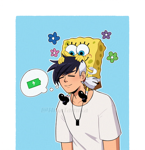 A happy Spongebob is sitting on a tired, but also happy Danny Fenton. Spongebob’s positive aura is recharging Danny.