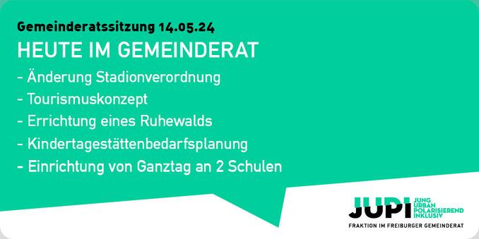Sharepic mit folgendem Text auf grünem Grund:
Heute im Gemeinderat:
- Änderung Stadionverordnung
- Tourismuskonzept
- Errichtung eines Ruhewalds
- Kindertagestättenbedarfsplanung
- Einrichtung von Ganztag an 2 Schulen