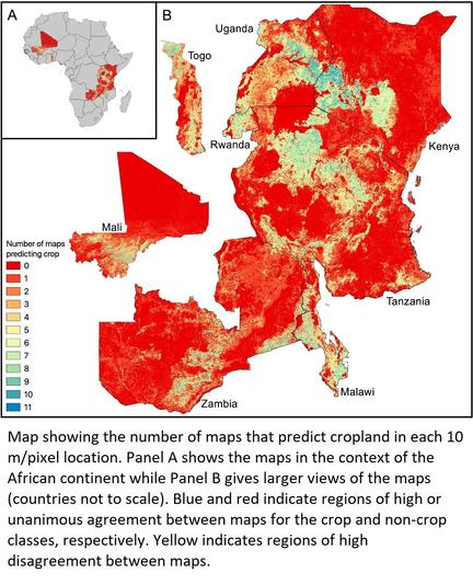 Map showing the number of maps that predict cropland in each 10 m/pixel location. Panel A shows the maps in the context of the African continent while Panel B gives larger views of the maps (countries not to scale). Blue and red indicate regions of high or unanimous agreement between maps for the crop and non-crop classes, respectively. Yellow indicates regions of high disagreement between maps.