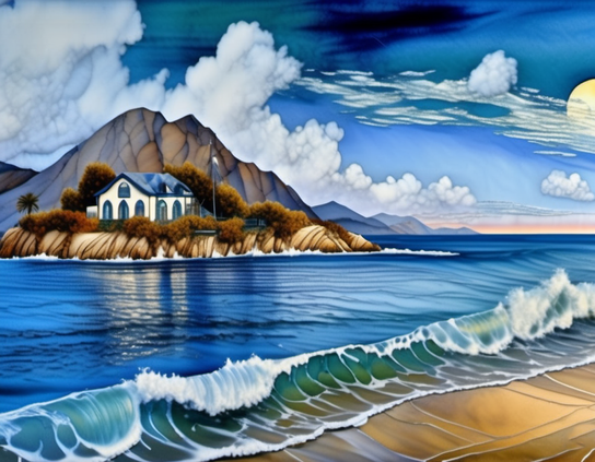 View of a compact house with pale walls and a dark blue roof, on a small rocky island, on an unsettled day with complex cloud formations and crashing waves.The house is seen from the vantage point of someone surveilling it.