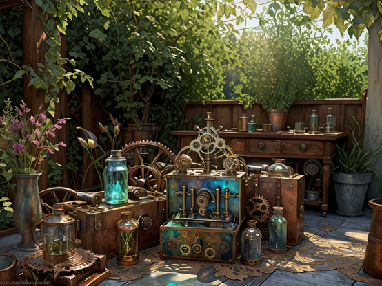 A shaded back yard with wooden tables, boxes, and trunks with steampunk style embellishments, among vessels, jars and gadgets with a magical vibe.