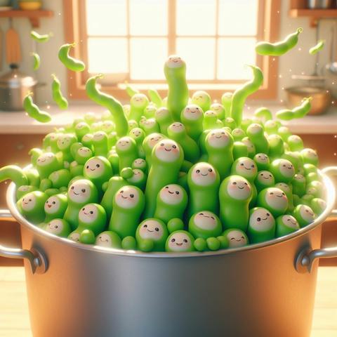 «Create by Bing Image Creator»
(Broad beans dancing in a pot), The broad beans are bright green and look at you with a smile. Looking into the big pot, you can see a fun and dreamy world where the broad beans are dancing like synchronized swimmers. The broad beans are bright green and each one has a cute smile on its face. The background is a lively and bright kitchen. It's a fairy tale world. (3D rendering art), (dreamworks movie style)