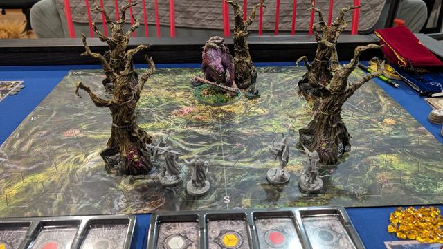 Oathsworn encounter board setup at beginning of encounter with five painted tree roots and painted Broodmother Rat along with 4 unpainted minis
