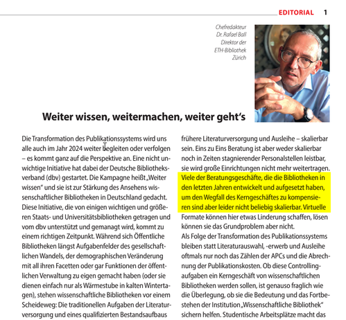 screenshot eines teils des editorials in der zeitschrift b.i.t.online 17 2024.1 mit dem zitat in gelb hervorgehoben
link zum ganzen editorial als PDF-datei: https://www.b-i-t-online.de/heft/2024-01-editorial.pdf
