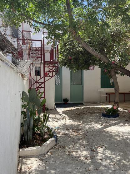 A white-washed courtyard between low buildings. There’s a red-painted metal ladder going up to a flat roof on the left, a shading tree, some plants, a couple of painted wooden doors. Very much like a Greek village courtyard only in central Athens