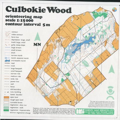 1:15000 five colour orienteering map, Scribed. Largely white runnable woodland with a big marsh.