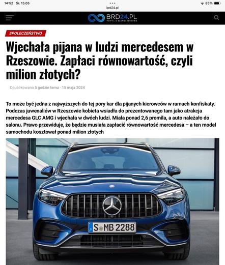 Zrzut ekranu artykułu z BRD24. PL przedstawiający niebieski Mercedes-Benz GLC AMG z nagłówkiem o nietrzeźwej kobiecie i konfiskacie.