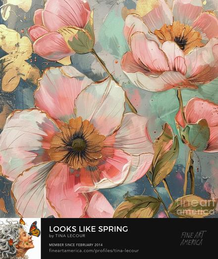 This is a mixed media digital painting of a some big pink dahlia flowers on a teal and blue textured background with flecks of gold throughout the painting.