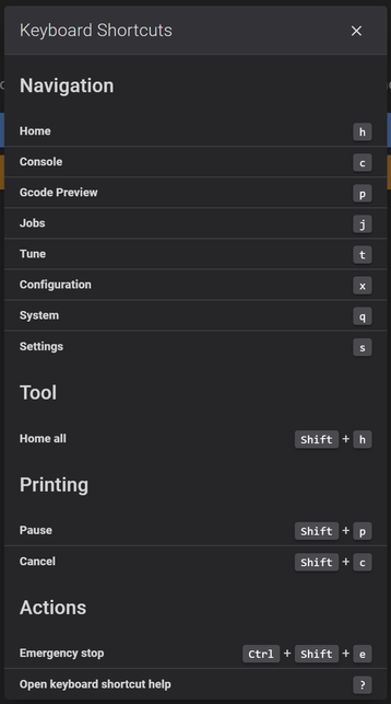 Fluidd keyboard shortcuts
