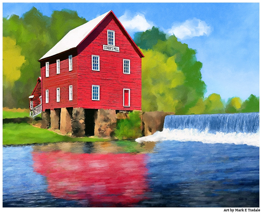 Digital art painting of a red 19th century grist mill sitting by a small dam alongside the water. Bright green trees in the background with mostly blue skies. The water is reflecting the mill and the skies.