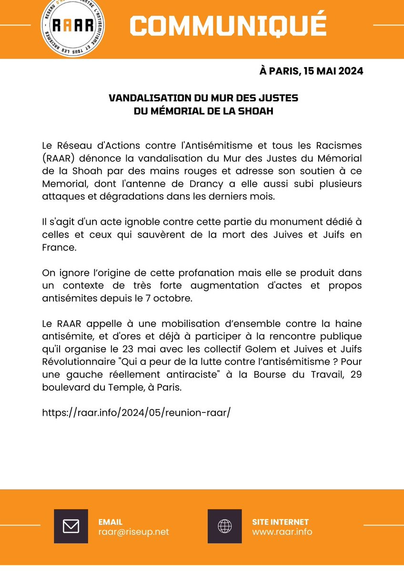 Le tract avec le logo du RAAR et le texte du message dans le pouet.