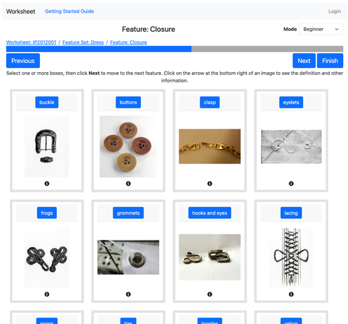 A screenshot of the DressDiscover tool showing a grid of images representing fastners like a buckle, buttons, clasp, eyelets, frogs, grommets, hooks and eyes, and lacing.