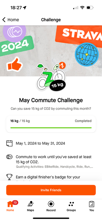 Strava screen showing that I met the 15kh CO2 challenge for May.