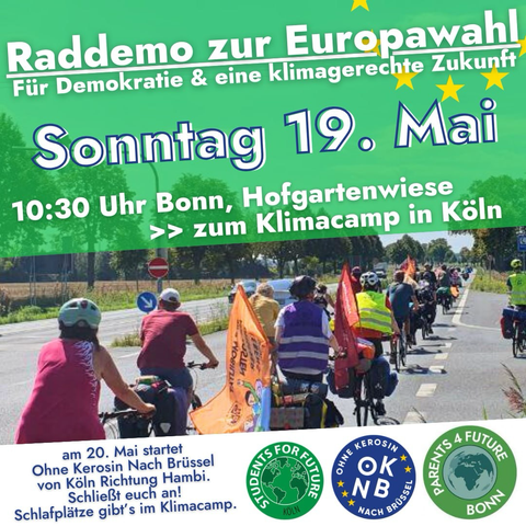 Sharepic: Symbolfoto einer Fahrraddemo, darüber schräg gesetzt der dreizeilige Text "Sonntag 19. Mail 10.30 Uhr Bonn, Hofgartenwiese >> zum Klimacamp in Köln"