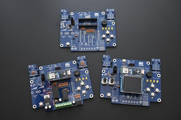 BEAPER Nano prototypes: minimal-components  educational version (top), a robot circuit (left), and an one with optional components and LCD.