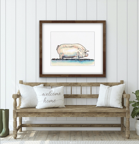 Barnyard Pig Watercolor Painting. Created using my Elegant Writer pen and water. Side view of a big sow standing in the farmyard. Painted in warm rustic shades of pink and beige, accented with a bluish-green.