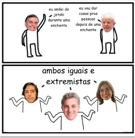 meme confrontando Bozo(que só andou de jetski) e lula(com bilhões de apoio os RS) no contexto das enchentes.

Abaixo, Luciano Huck, Tabata Amaral e comentarista neoliberal sugerindo que "ambos seriam iguais"