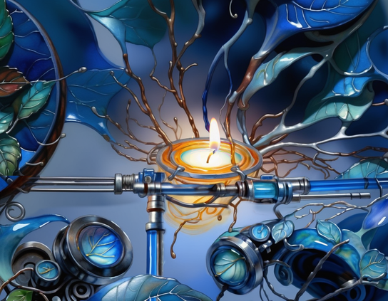 Mechanical contraption with clear pipes filled with blue liquid,  surrounding and supporting a small lit tea candle, in blue evening light, with leaves above, and small robotic devices looking on in the foreground.