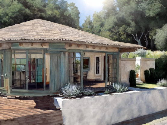 A rustic house with a wooden exterior, large windows, several rooms open to the outdoors, and a cozy patio, surrounded by greenery on a sunny day, emphasizing natural light and an inviting atmosphere.