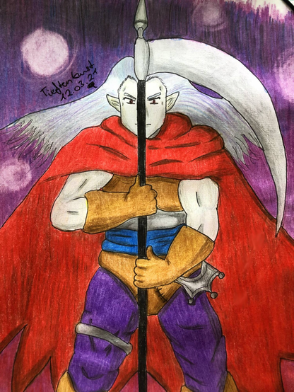 An old colour pencil drawing of Magus from Chrono Trigger. He’s posing with his scythe in front of a dark purple background. There are some anatomy errors.