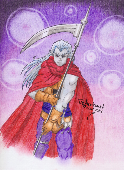 A more recent colour pencil drawing of Magus from Chrono Trigger. He’s posing with his scythe in front of a dark purple background. The pose looks more natural than in the previous picture.