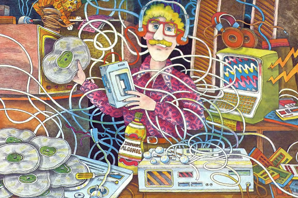 1983 A Surreal Scene of Tech Chaos

This image is a vibrant, surreal representation of a person amidst a chaotic array of electronic devices and cables.
The central figure seems to be interacting with the cluttered environment, possibly trying to make sense of it or control it.
The artwork is rich in detail and color, creating a whimsical and chaotic visual experience that invites viewers to ponder about the relationship between technology, creativity, and personal space.