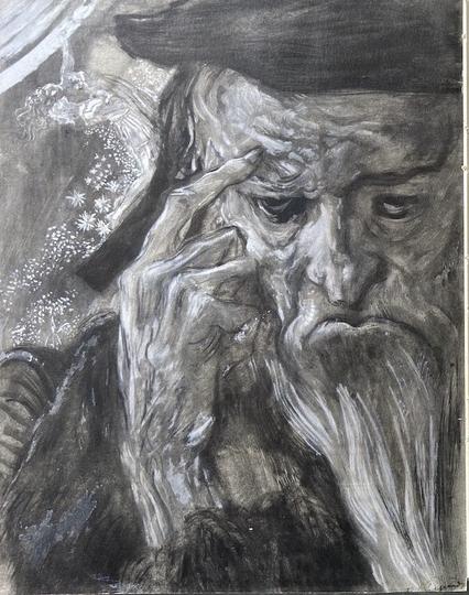 Der alte Faust nachdenklich im Studierzimmer. Illustration des französischen Künstlers Édy-Legrand aus dem Jahr 1942.